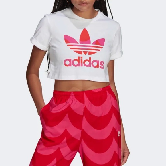 Adidas X Merimekko Trefoil Infill Cropped Tee Woman’s XL Cuffed Short Sleeves - Picture 9 of 16